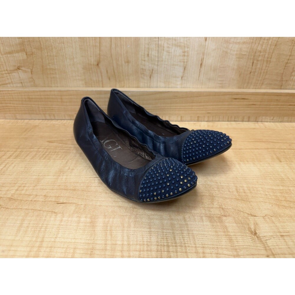 AGL Leather Round Cap Ballet Flats w/Studs (WMNS Size 38.5 / 8) Navy Blue ITALY